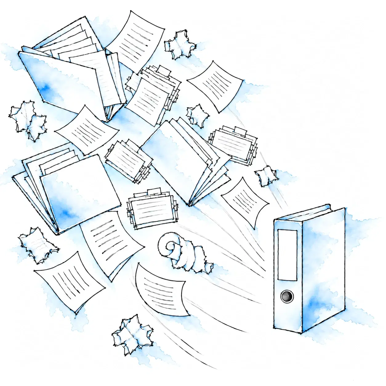 Illustration of a jumble of loose folders, sheets and scraps converging diagonally downwards into a single calm blue binder