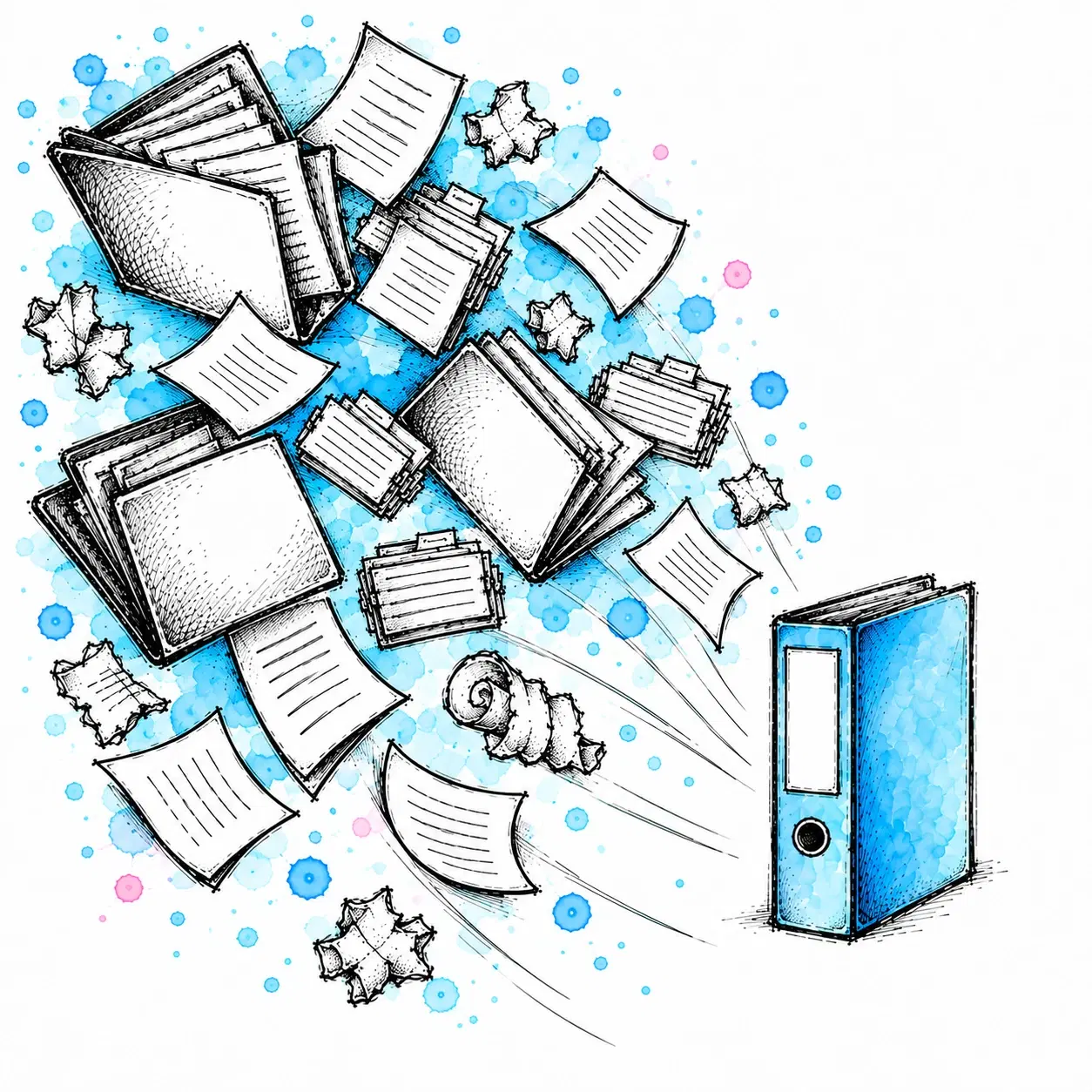 Illustration of a jumble of loose folders, sheets and scraps converging diagonally downwards into a single calm blue binder