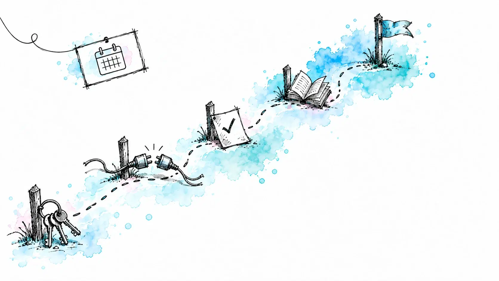 Illustratie van een gestippelde route die langs vijf markeringen omhoog loopt: een sleutelbos, twee stekkers die in elkaar klikken, een vel met een vinkje, een opengeslagen boekje en bovenaan een wapperende vlag