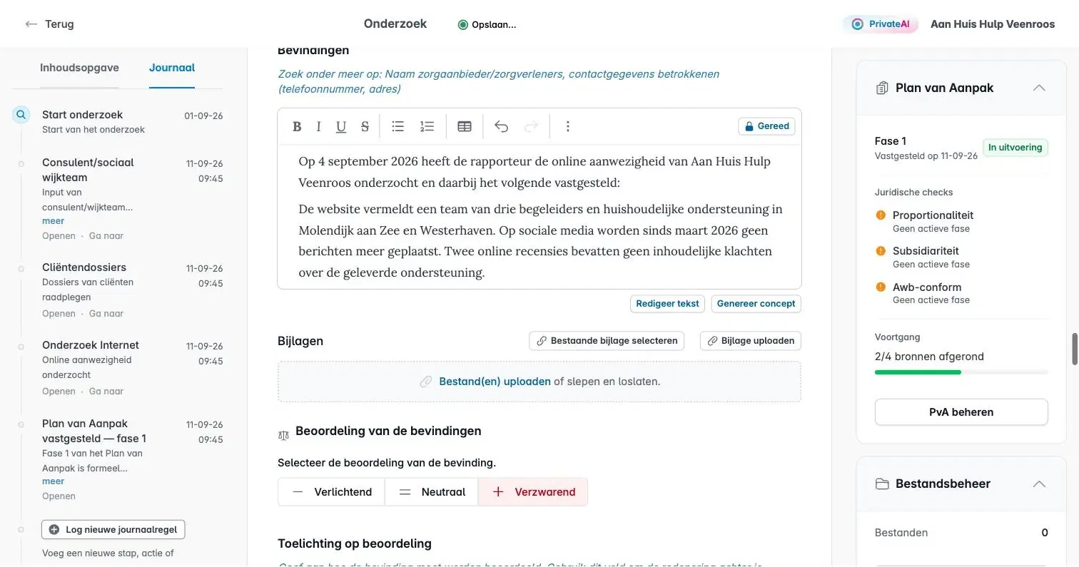 Internet research source with findings, attachments and the assessment mitigating, neutral or aggravating, with the investigation journal on the left