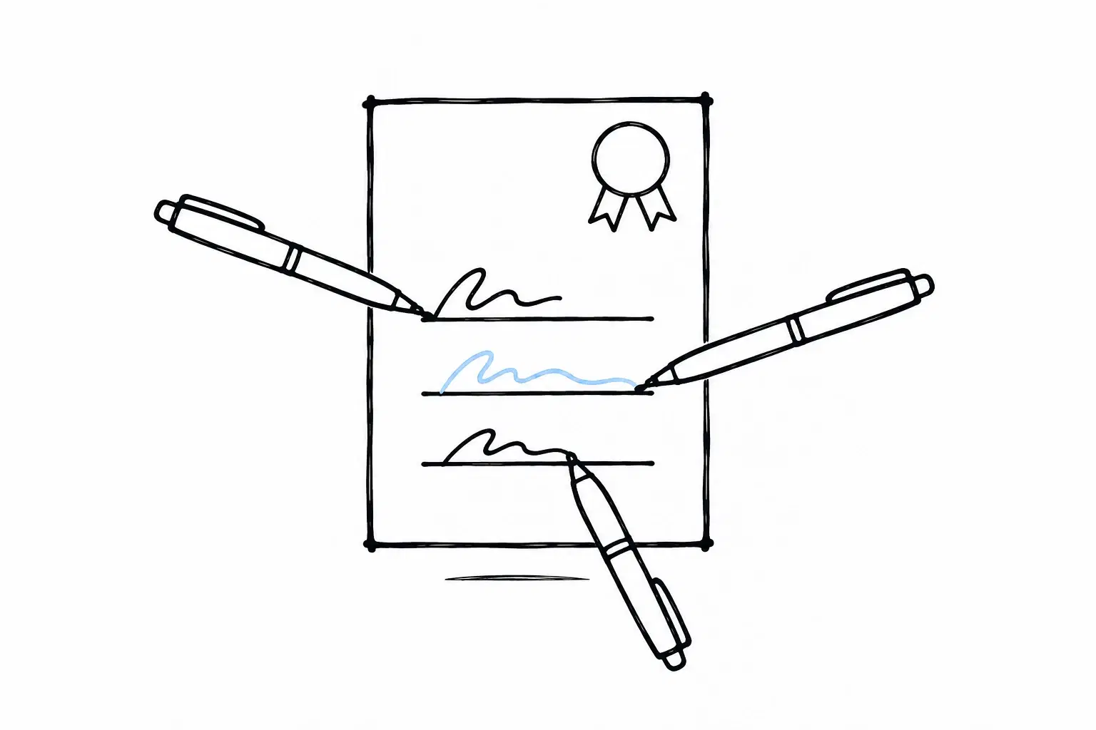 Illustratie van één contract waarop drie pennen tegelijk een handtekening zetten